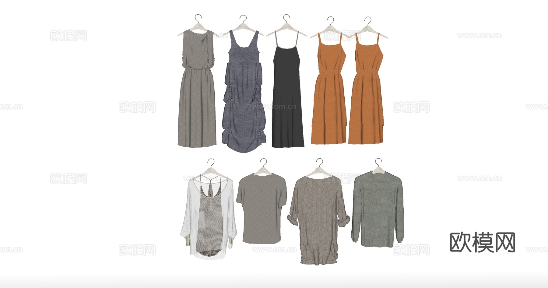 多款式日常简约服装  连衣裙上衣 女装 服装店陈列su模型