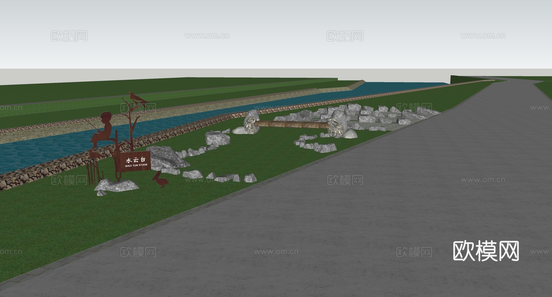 现代滨水景观 乡村景观休憩节点 滨水休息点su模型