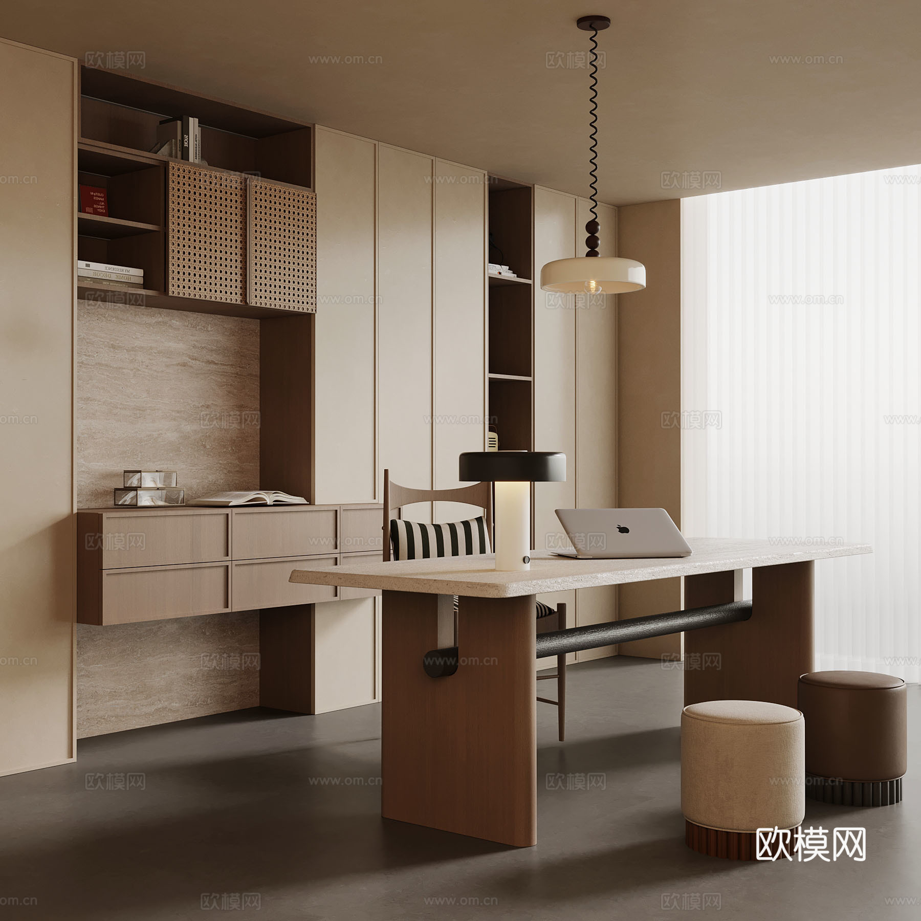 中古风书房 侘寂风书房 书桌椅 书柜su模型