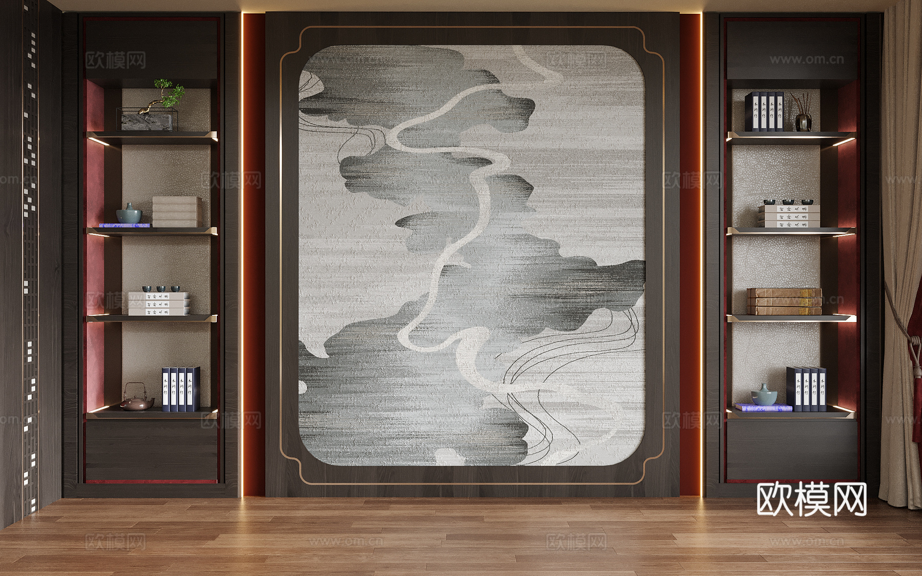 新中式背景墙 茶室背景墙 书房背景墙su模型