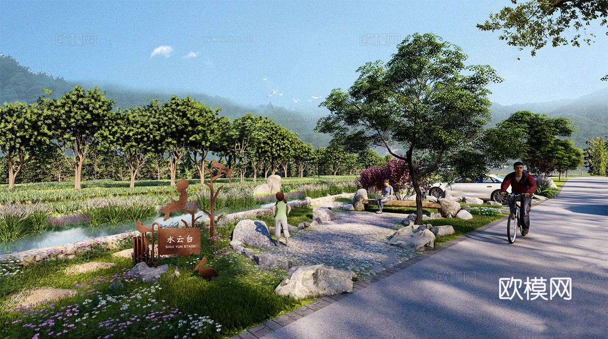 现代滨水景观 乡村景观休憩节点 滨水休息点su模型