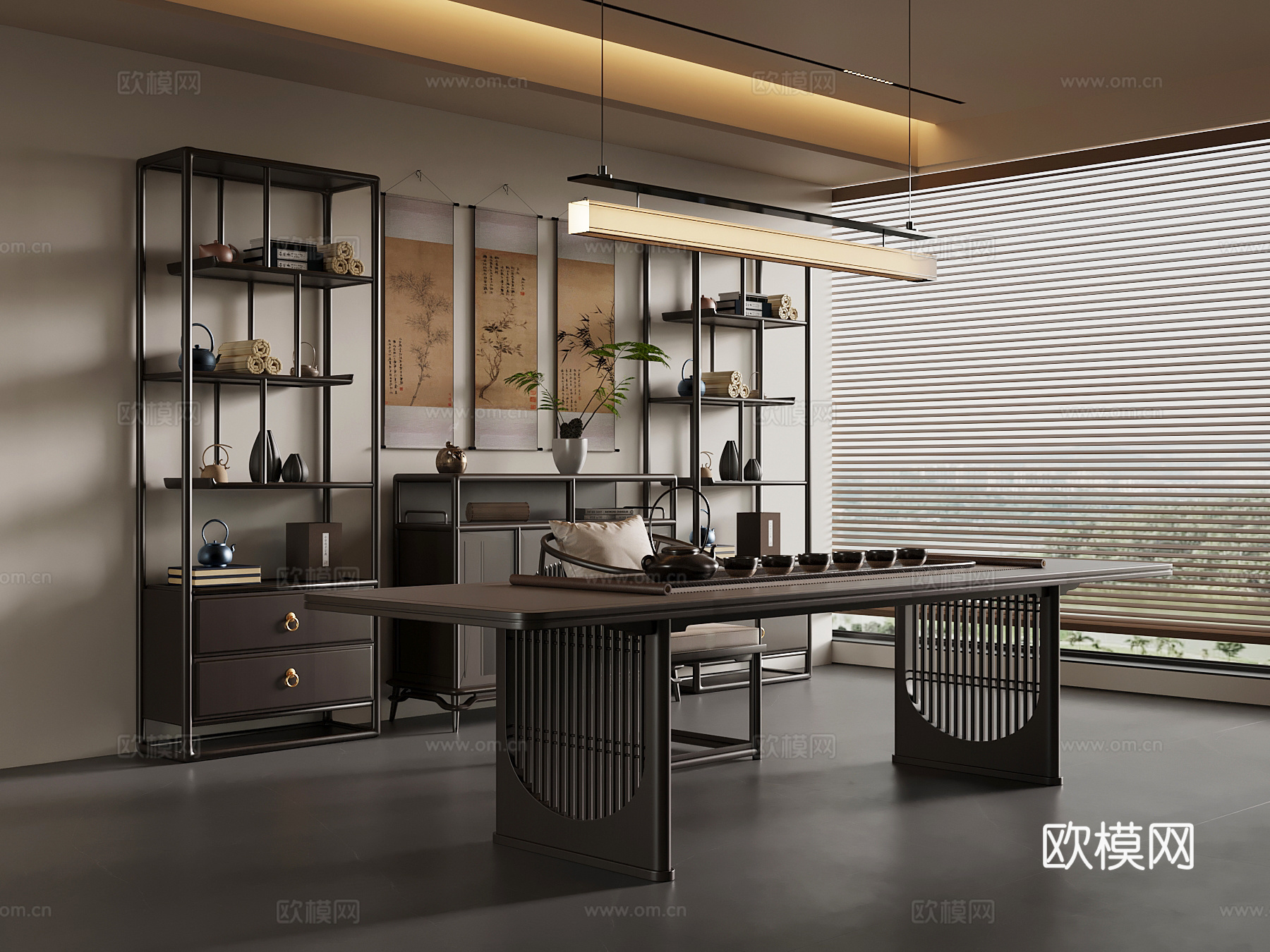 新中式茶室 茶桌椅su模型