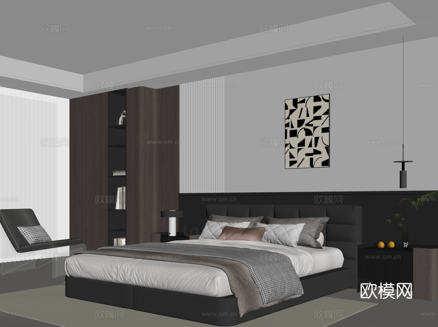 现代意式卧室 黑白灰卧室 双人床 背景墙su模型