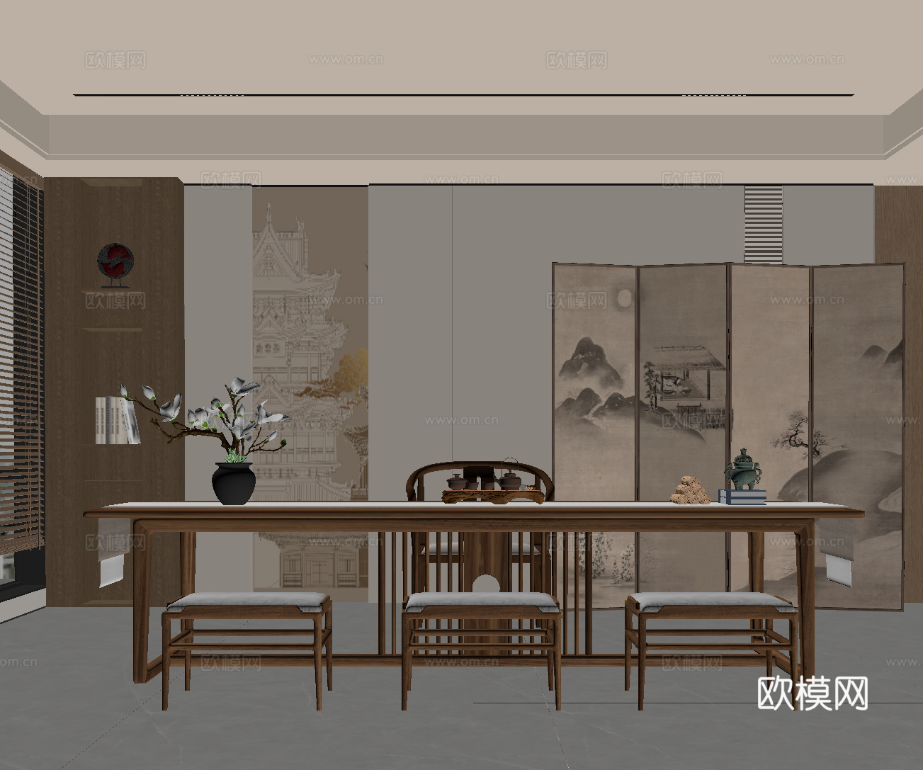 新中式茶室 茶桌椅su模型