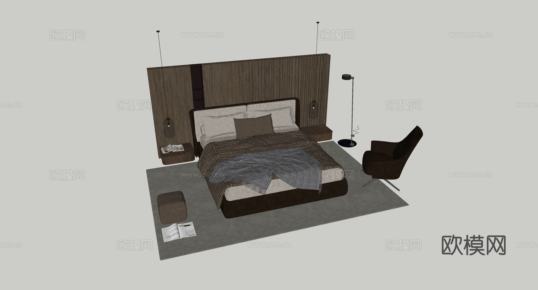 现代简约温馨主卧 棕色皮床 皮椅格子毯 球形吊灯 翻开的书su模型