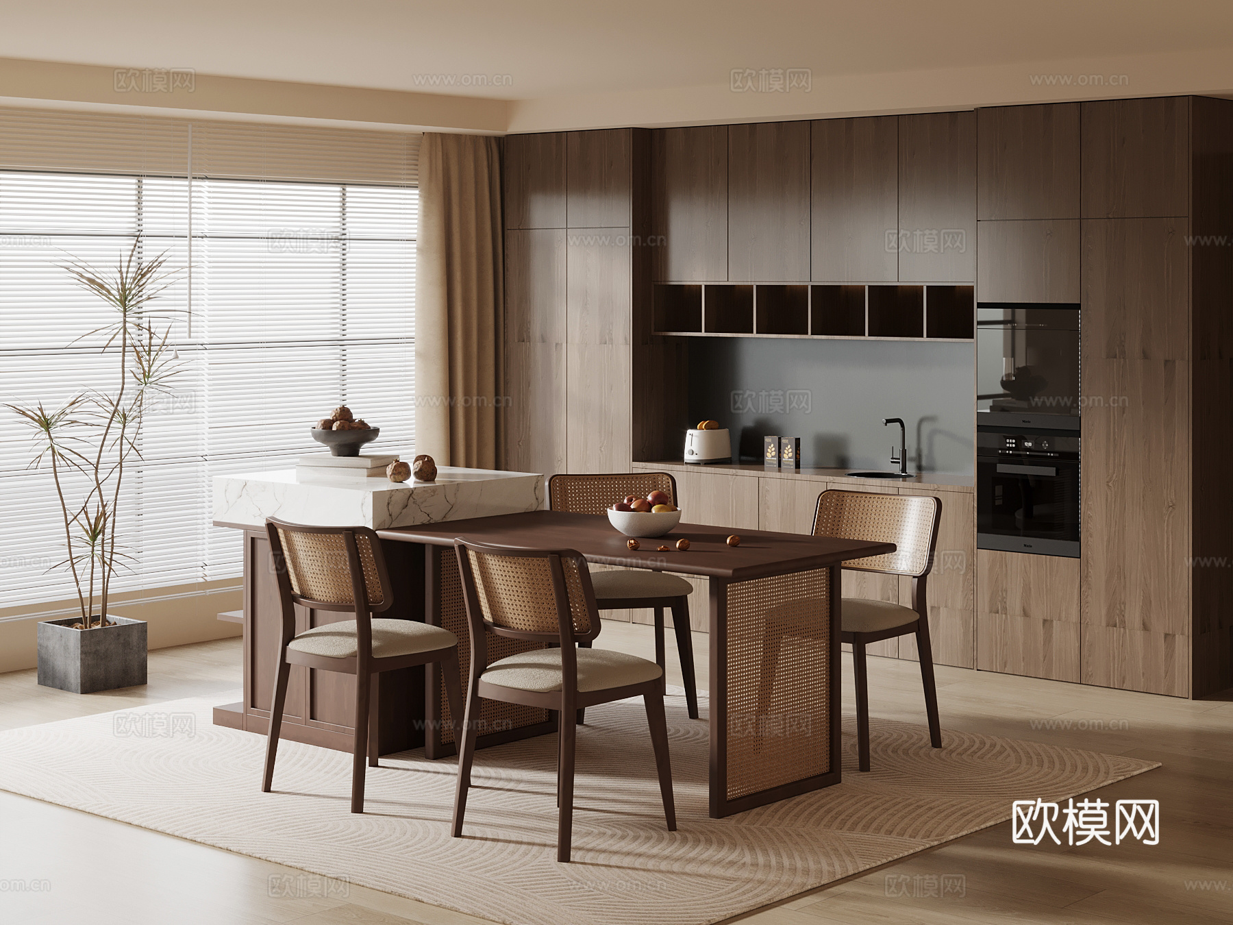 中古风餐厅 餐桌椅 餐边柜su模型