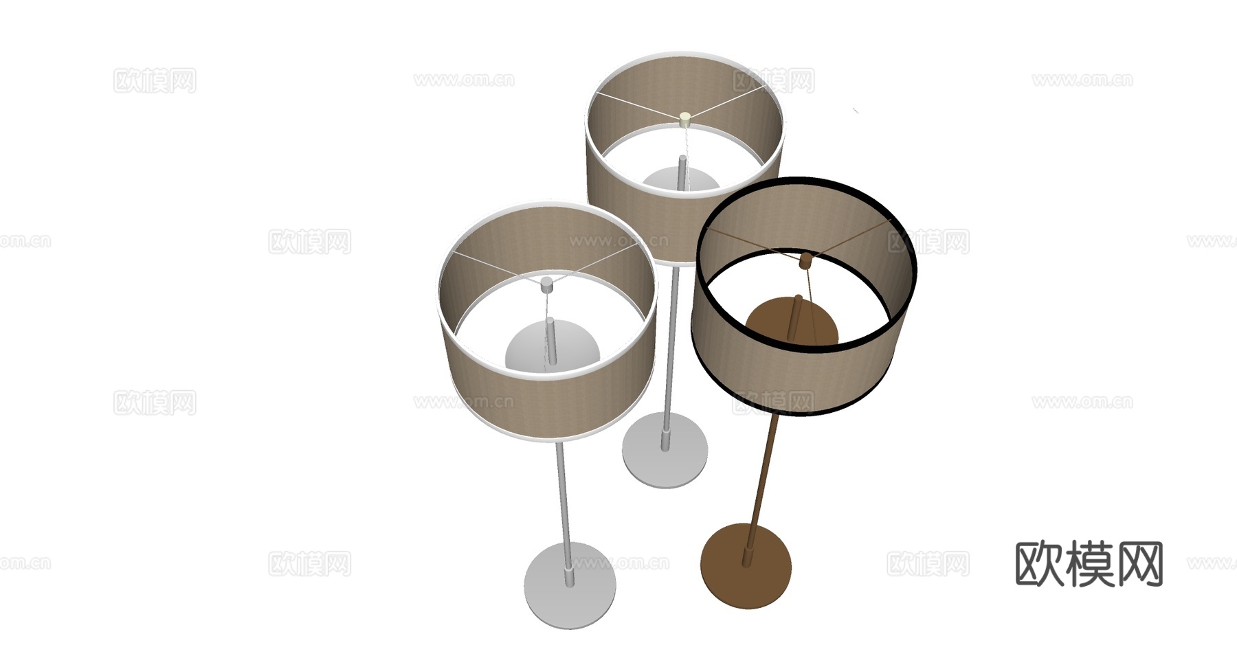 现代简约三盏装落地灯 金银白三色 布艺米色灯罩 设计师灯具su模型