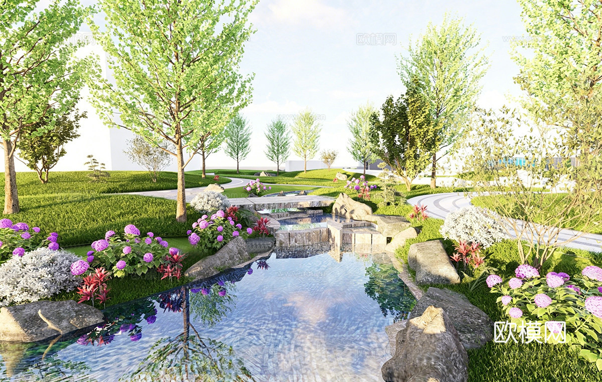 新中式滨水景观 自然水溪流 叠水景观 山泉水su模型