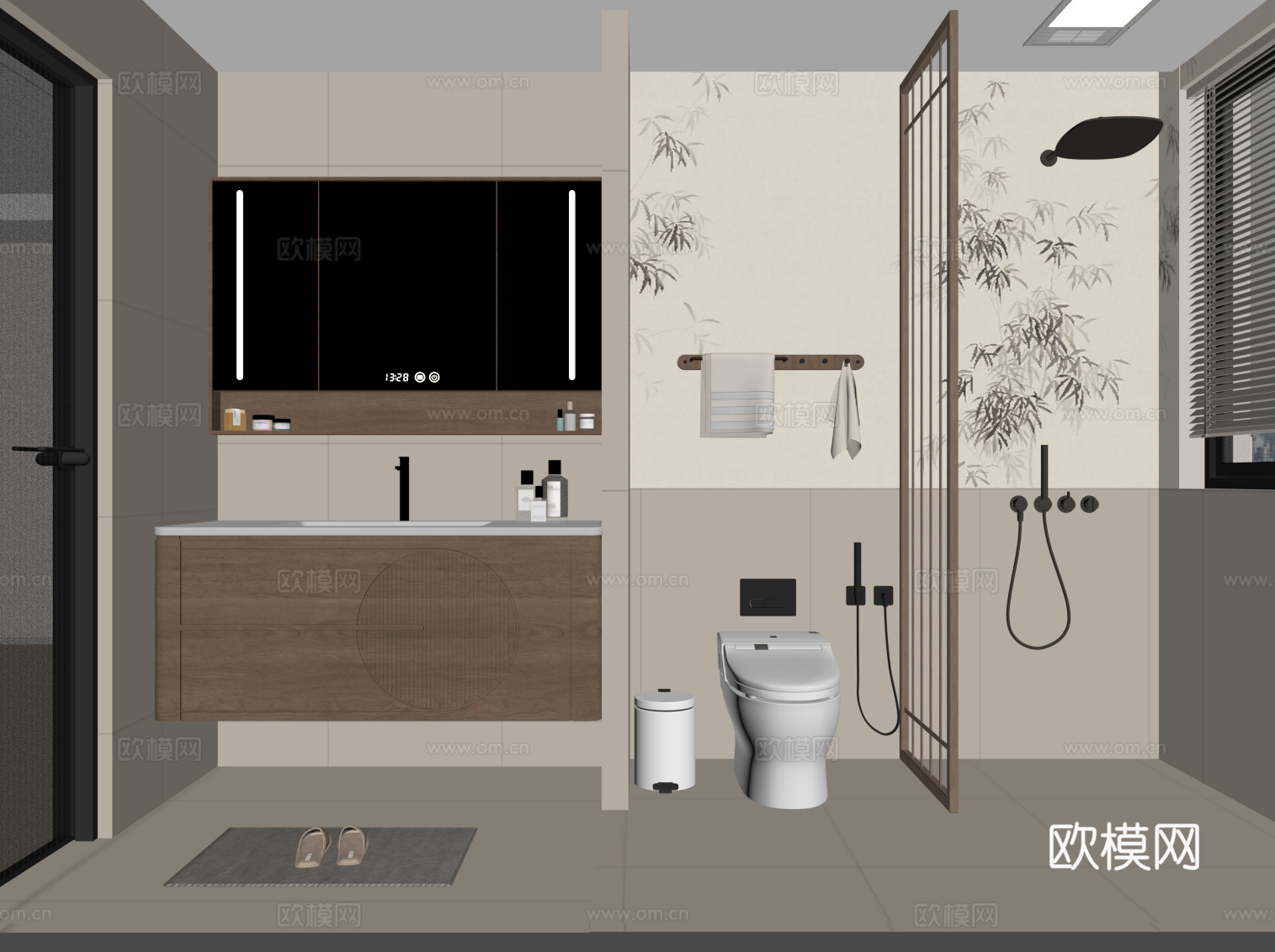 新中式卫生间 浴室柜 马桶 淋浴su模型
