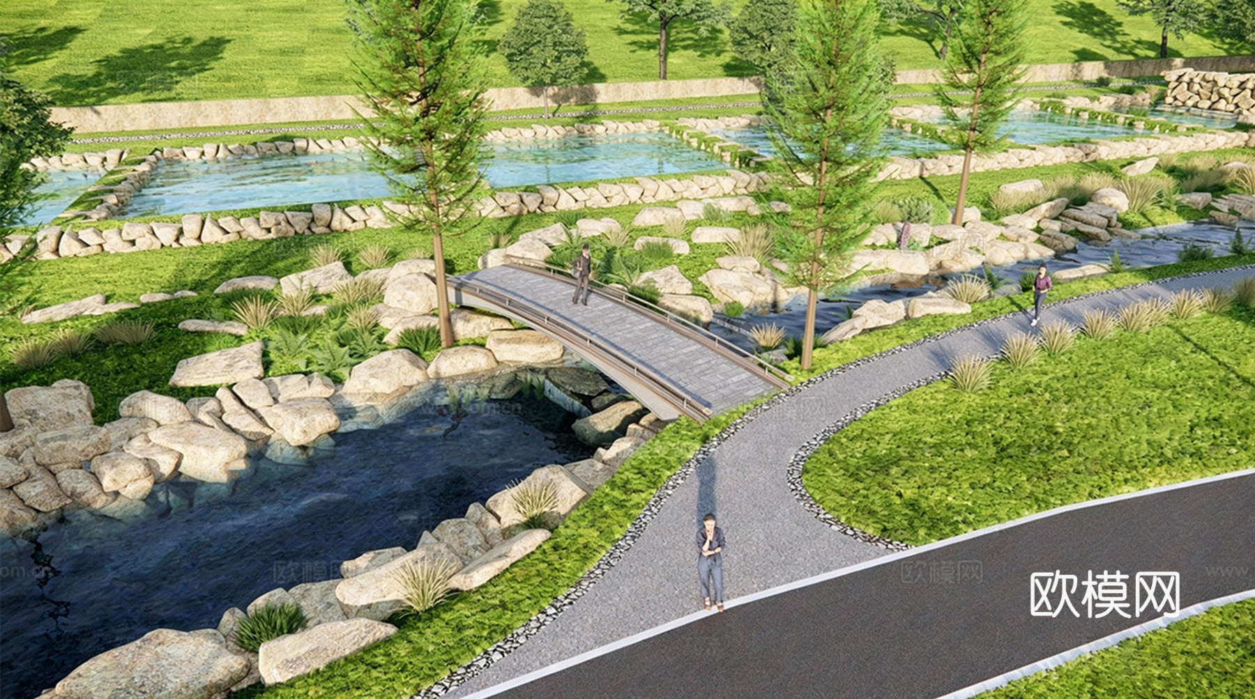 现代新中式滨水景观 自然水溪流 泉水溪流su模型