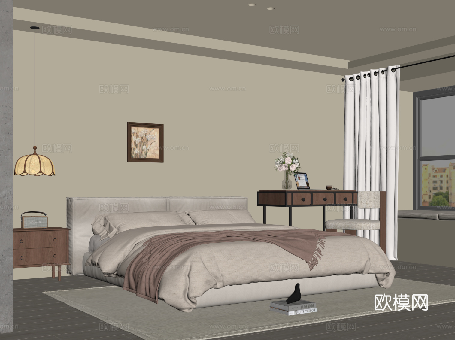 现代中古风卧室 双人床 书桌椅 床头柜su模型