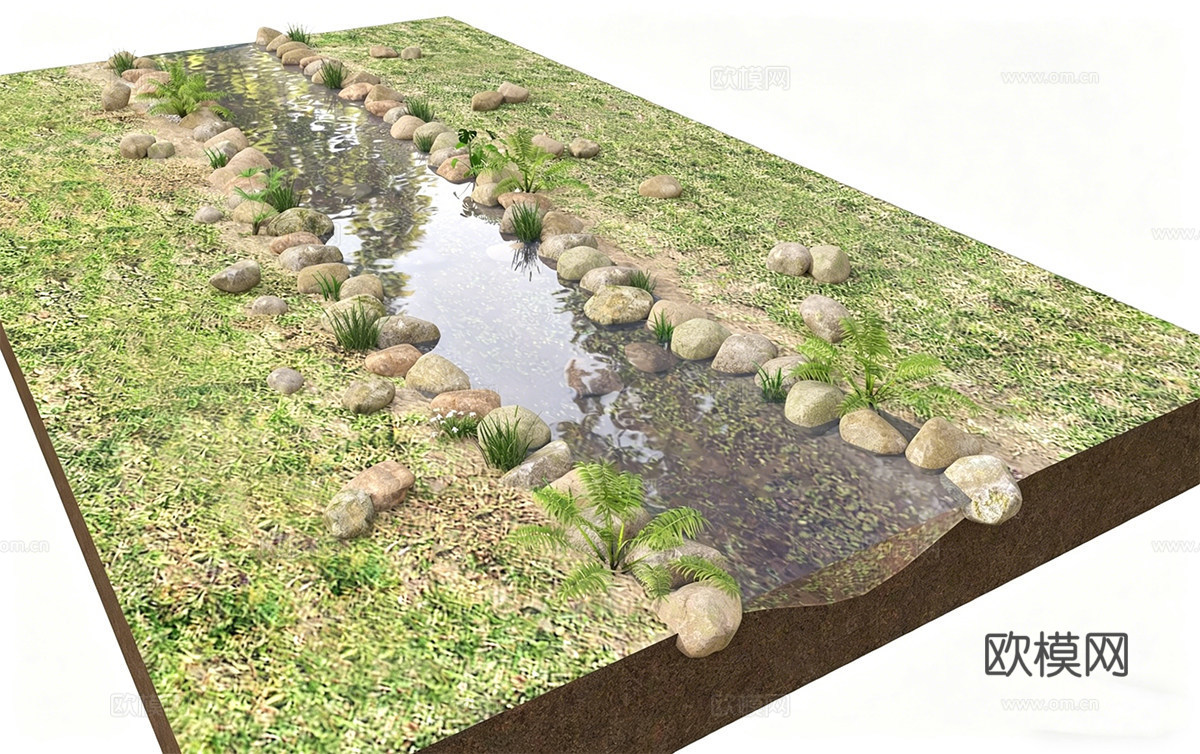 现代滨水景观 河道水景 野外河流 小溪滩 小草 水生植物su模型