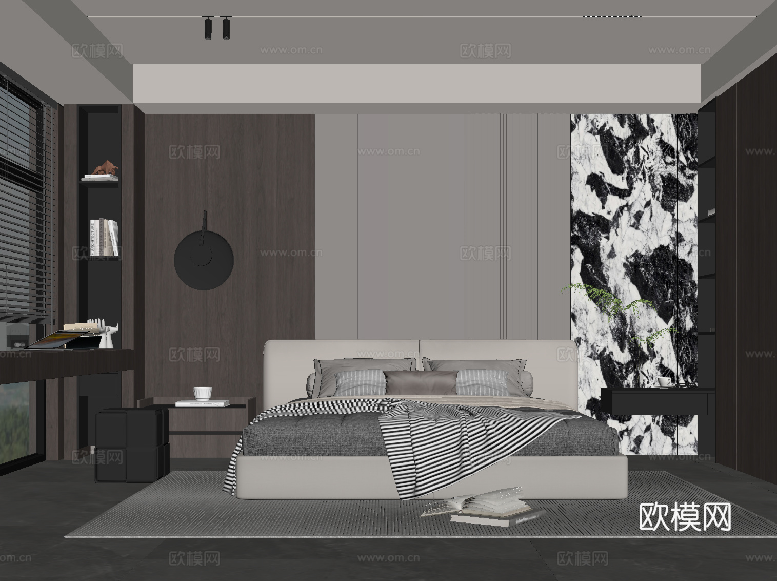 现代意式卧室 双人床 书桌椅 衣柜 床头柜su模型