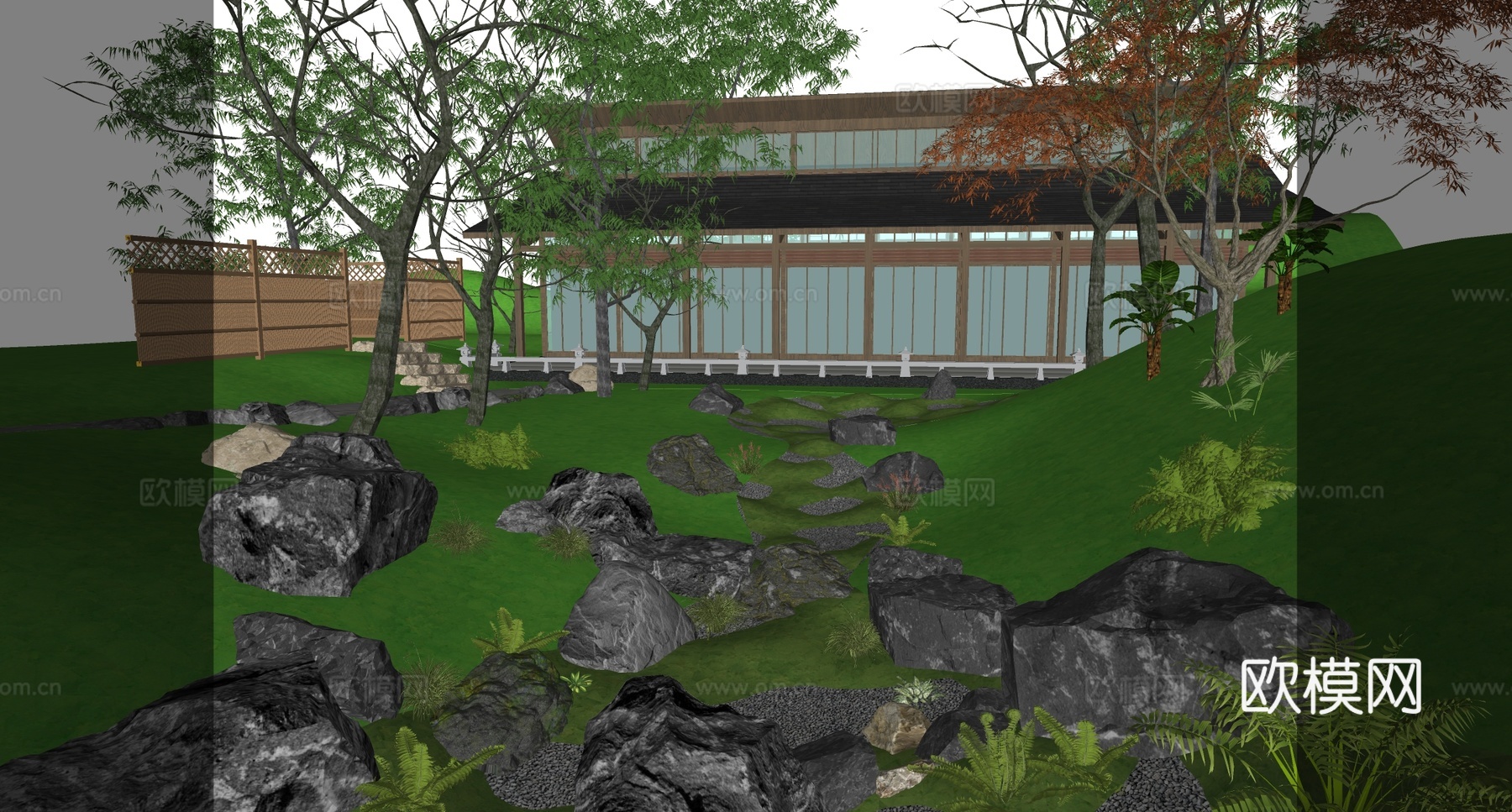 现代旱溪景观 石头景观 户外庭院景观su模型