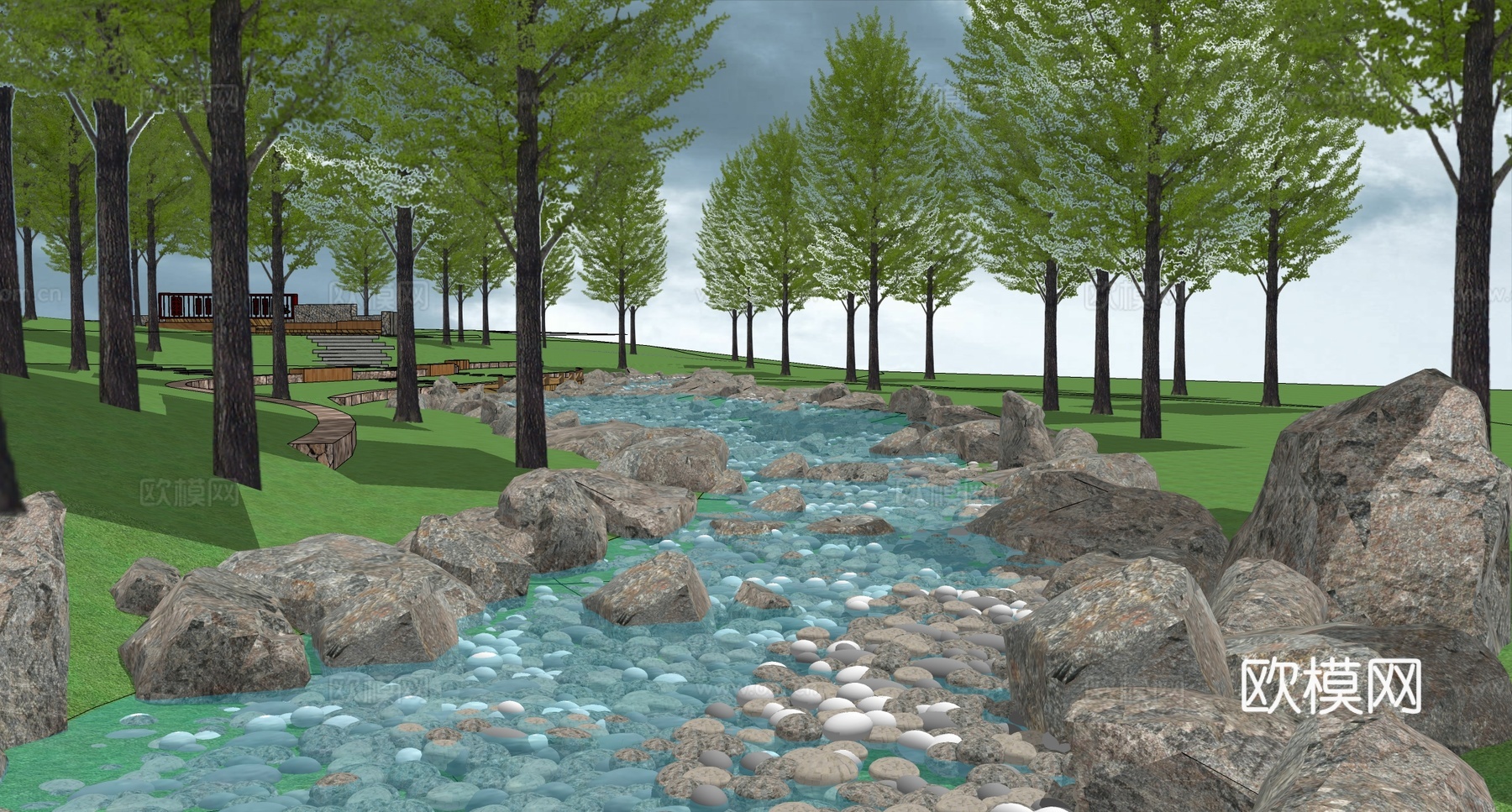 现代雨水景观花园 旱溪小溪 生态河流 湿地公园水流 花草树木su模型