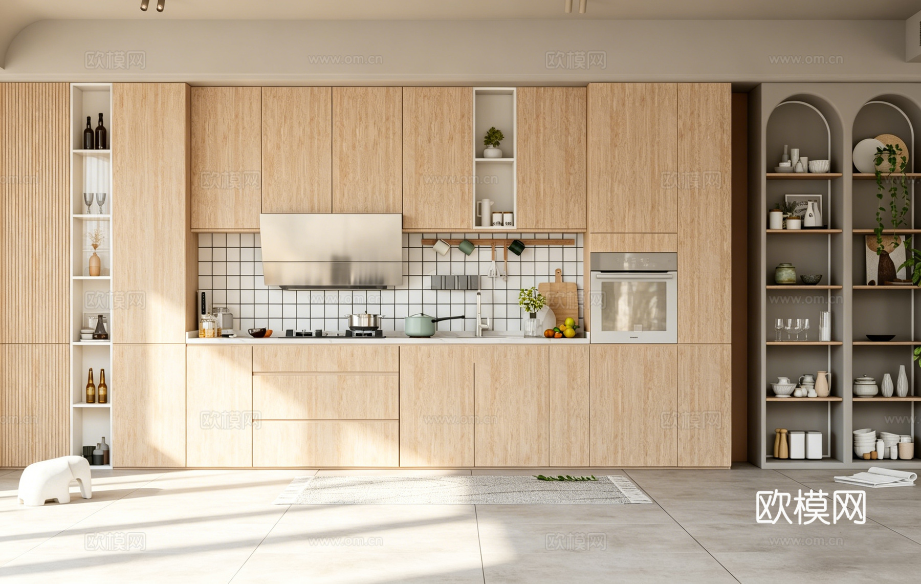 现代简约浅木色温馨厨房 橱柜拱形架 方格砖厨具软装 厨房设计su模型
