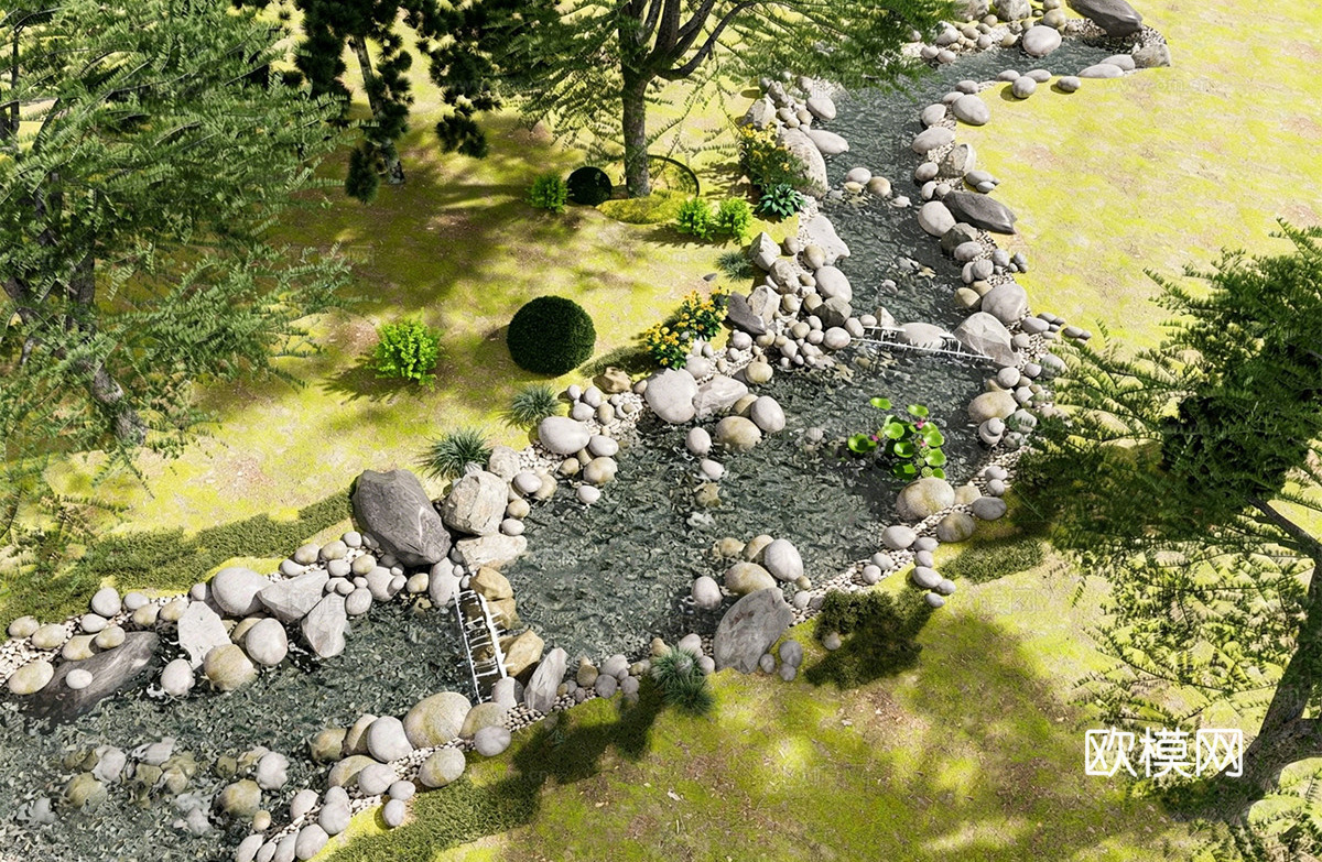 现代景观公园 现代水景 溪流su模型