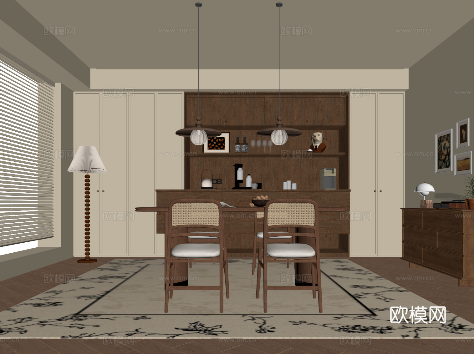 中古风餐厅 餐桌椅 餐柜su模型