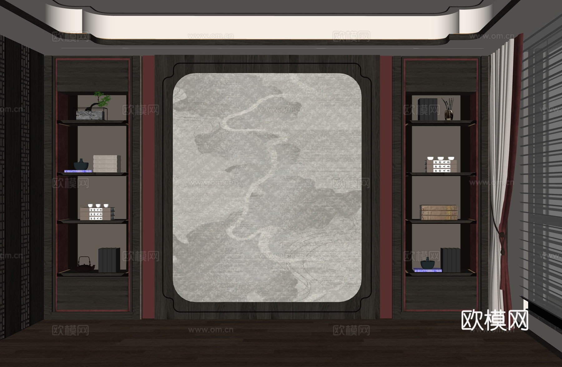 新中式背景墙 茶室背景墙 书房背景墙su模型