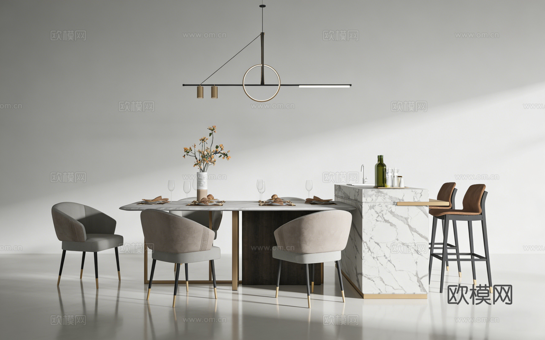 现代岛台餐桌su模型