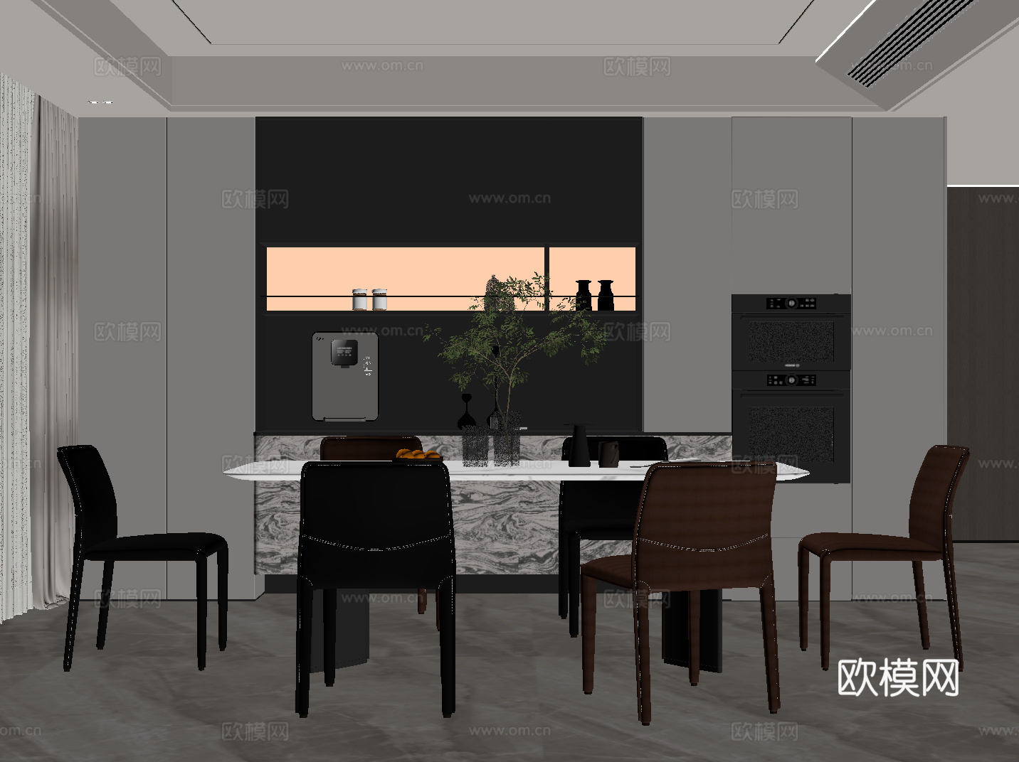 现代餐厅 餐桌椅 餐边柜su模型