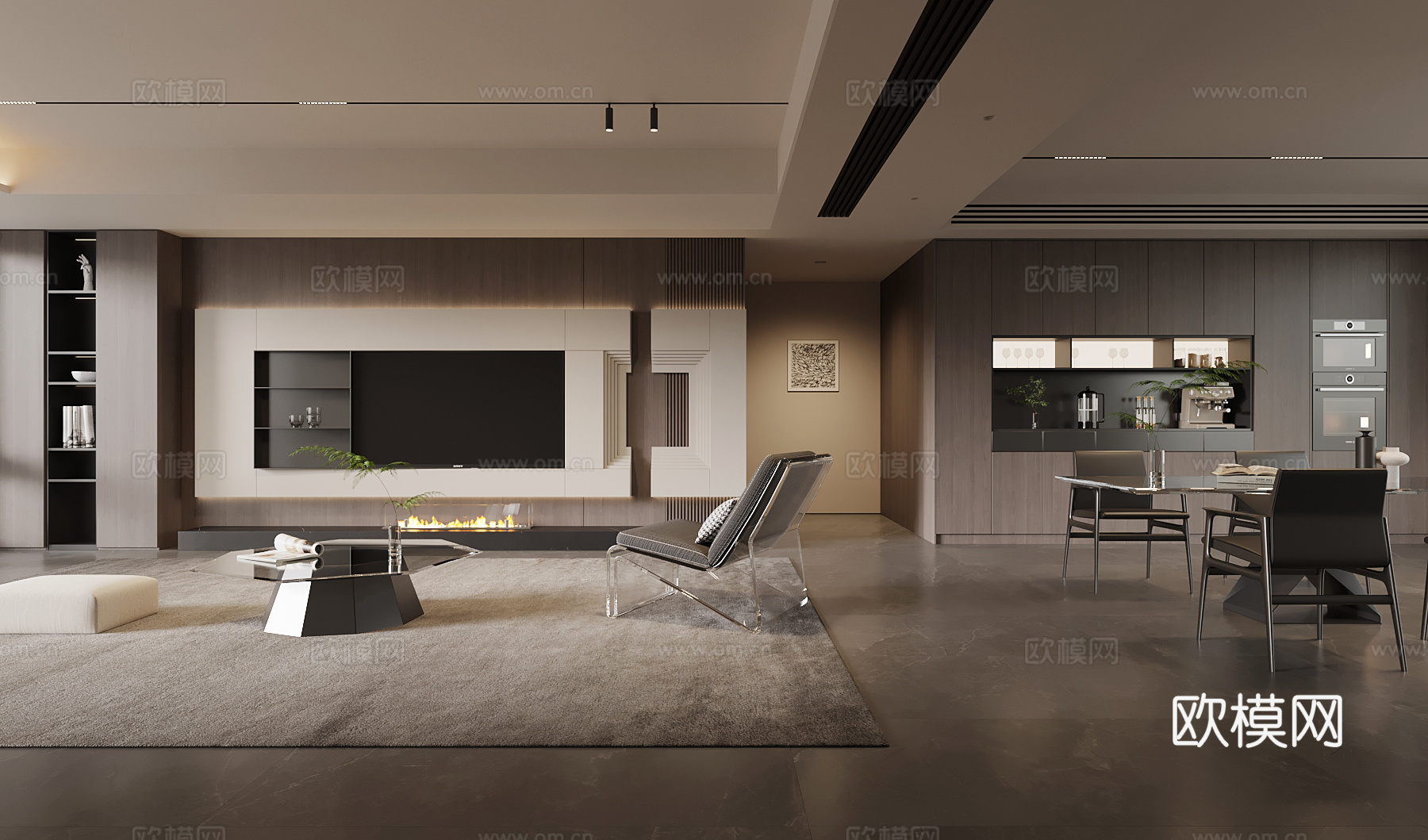 现代意式客餐厅 沙发茶几组合 电视背景墙 餐桌椅su模型