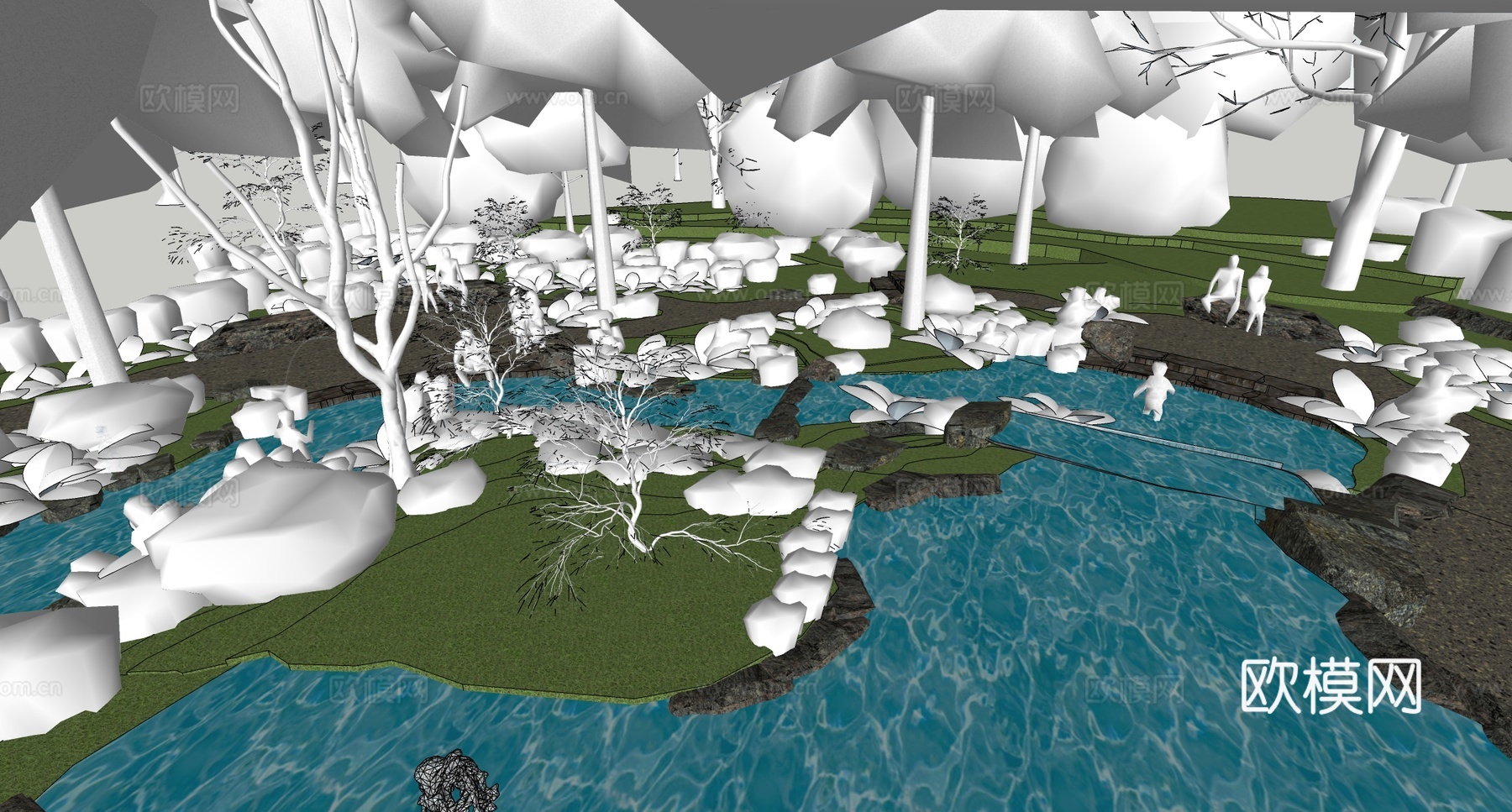 现代简约滨水景观 旱溪戏水  自然亲水儿童乐园su模型