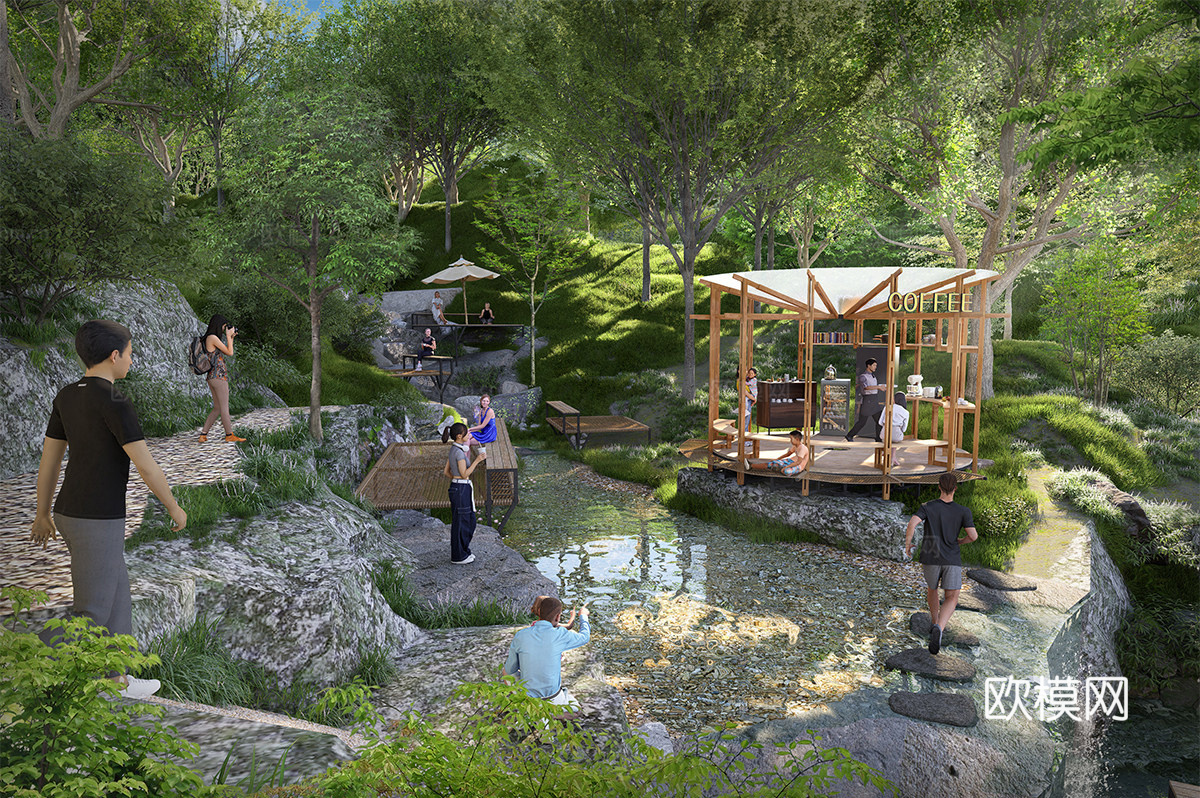 现代滨水景观 溪谷咖啡景观 溯溪营地 山谷溪流 瀑布咖啡su模型