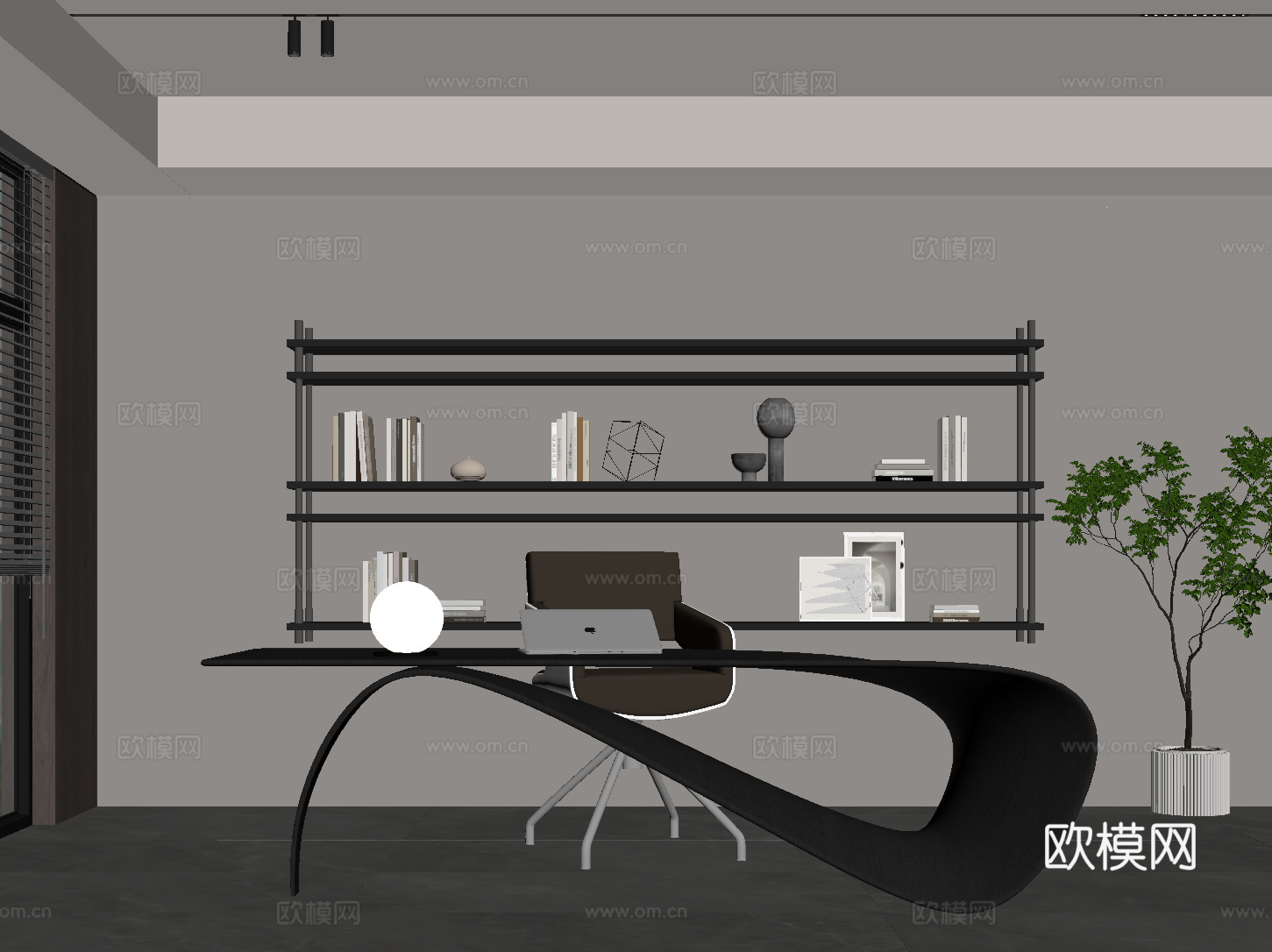 现代意式书房 书桌椅 书架su模型