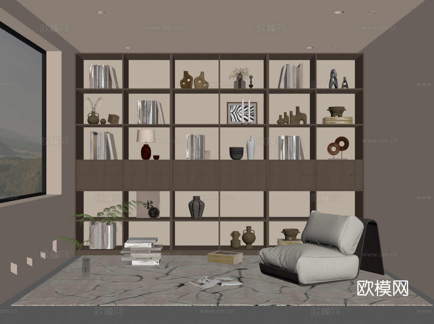 现代意式书房 书柜 休闲椅su模型