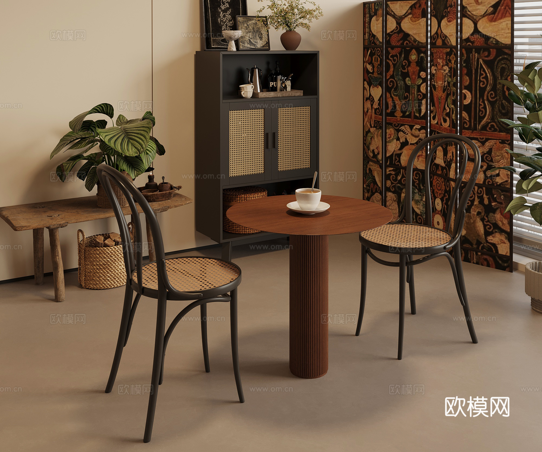 法式复古餐厅 休闲桌椅 边柜 洽谈桌椅su模型