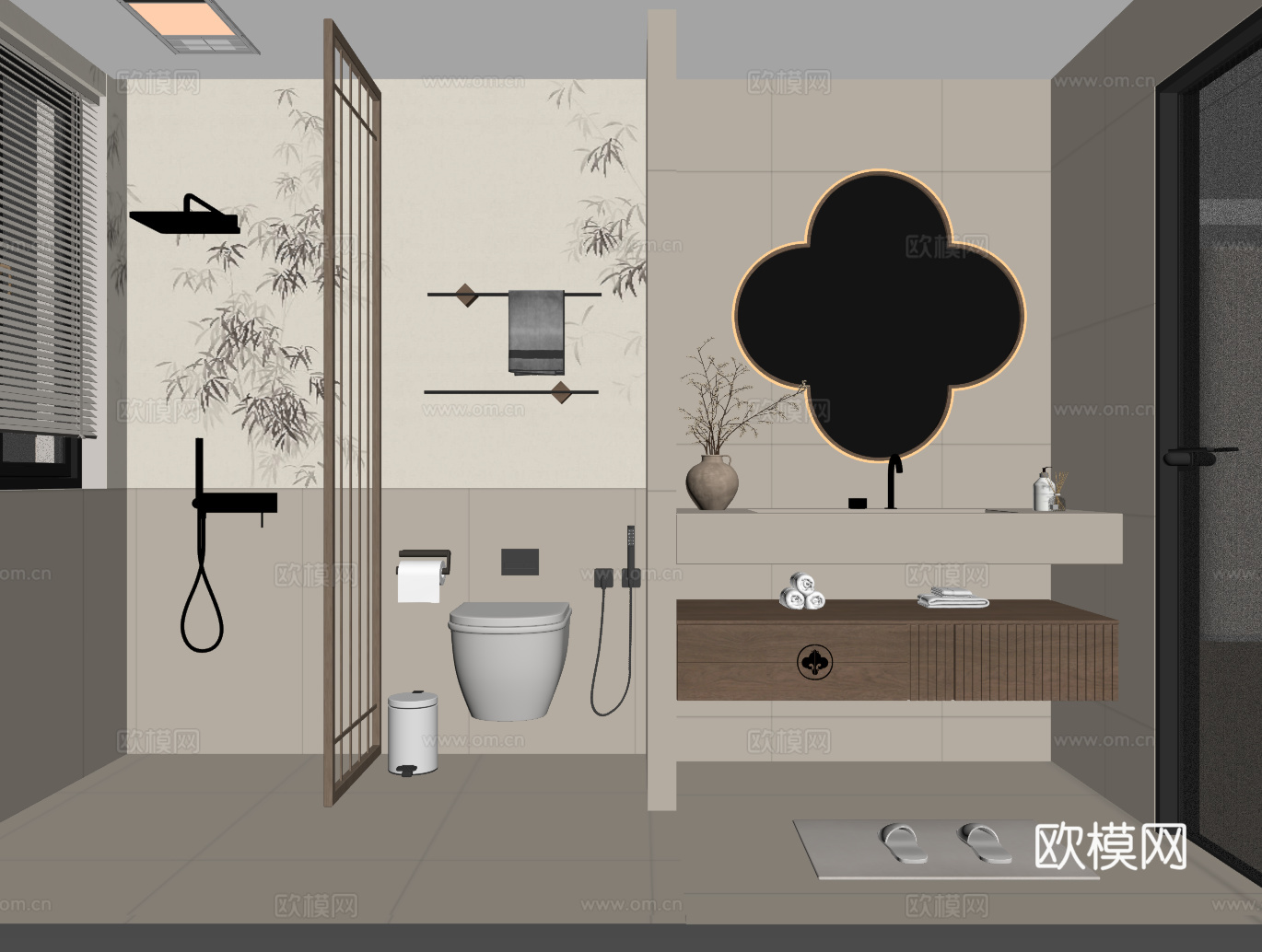 新中式卫生间 浴室柜 淋雨 马桶 卫浴小件su模型
