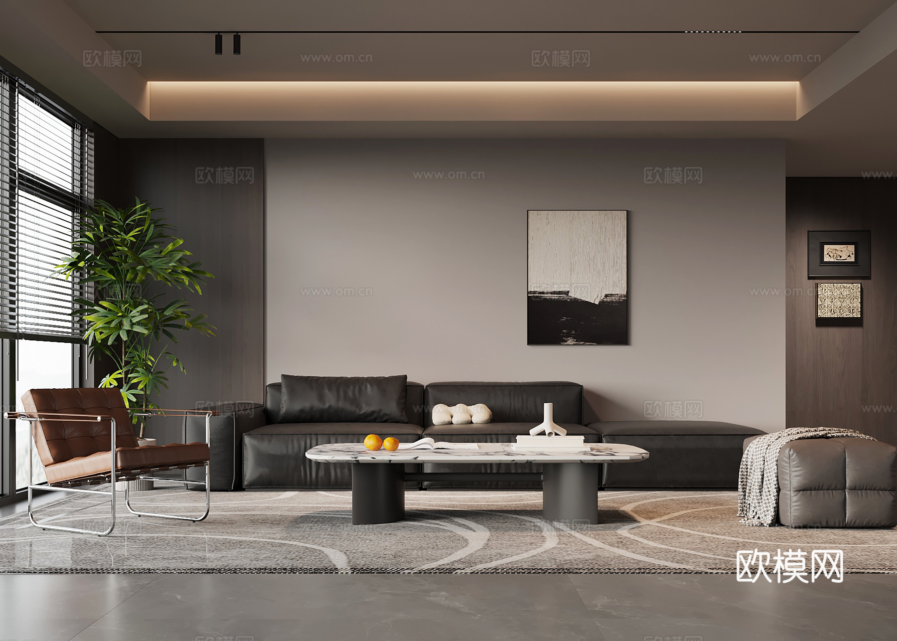 现代意式客厅 多人沙发 休闲椅 茶几su模型