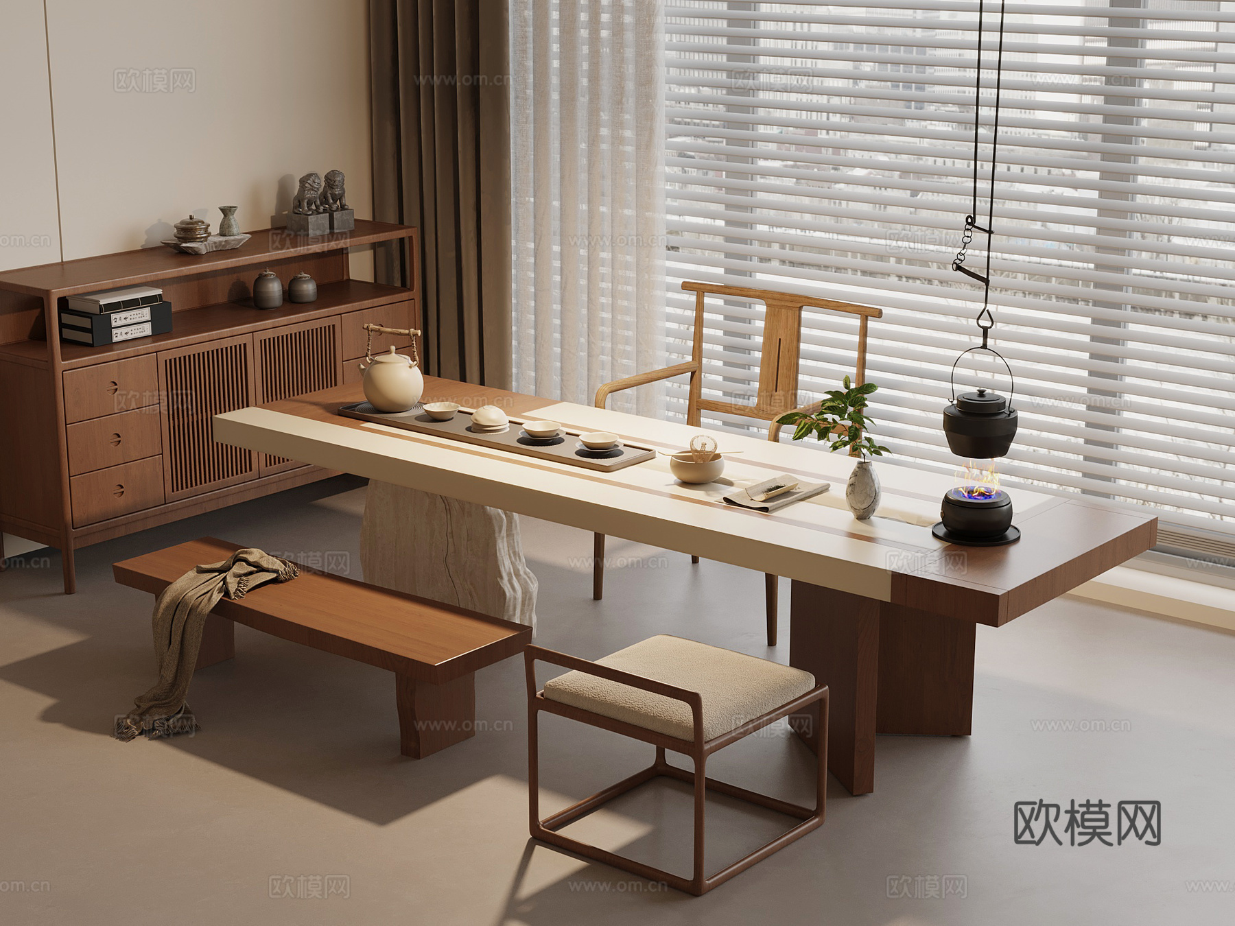 侘寂中古茶室 茶桌椅 茶柜su模型