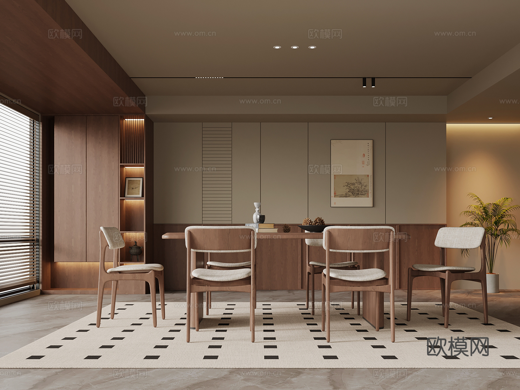 现代中古风餐厅 餐桌椅 背景墙su模型