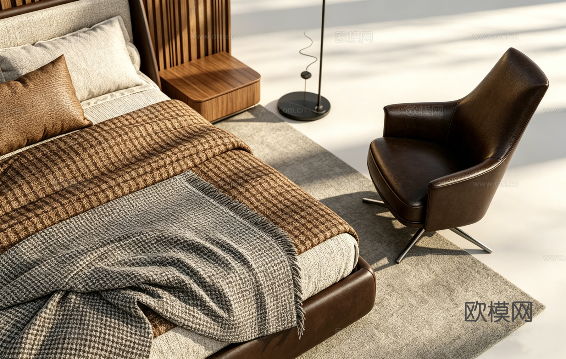 现代简约温馨主卧 棕色皮床 皮椅格子毯 球形吊灯 翻开的书su模型