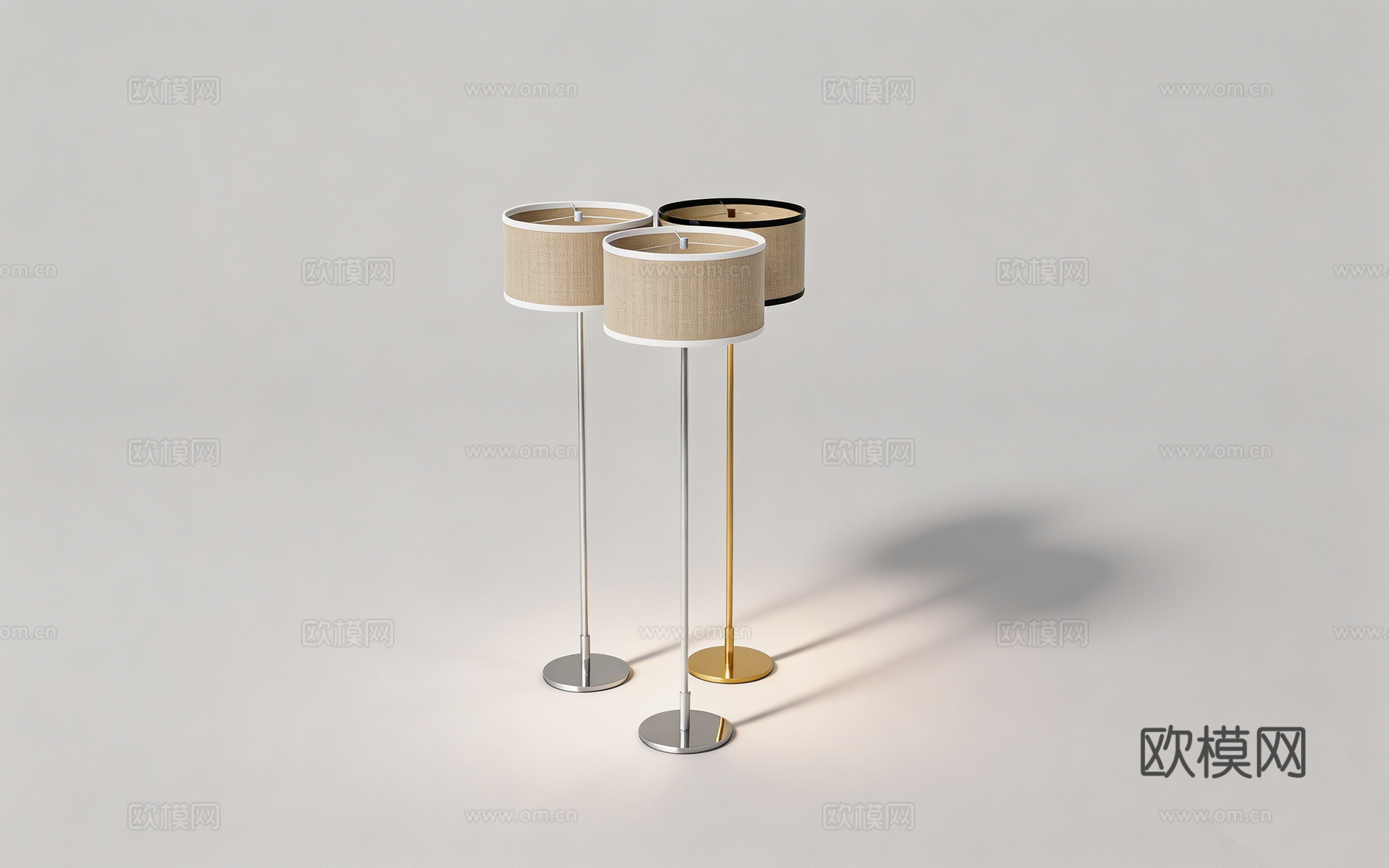 现代简约三盏装落地灯 金银白三色 布艺米色灯罩 设计师灯具su模型