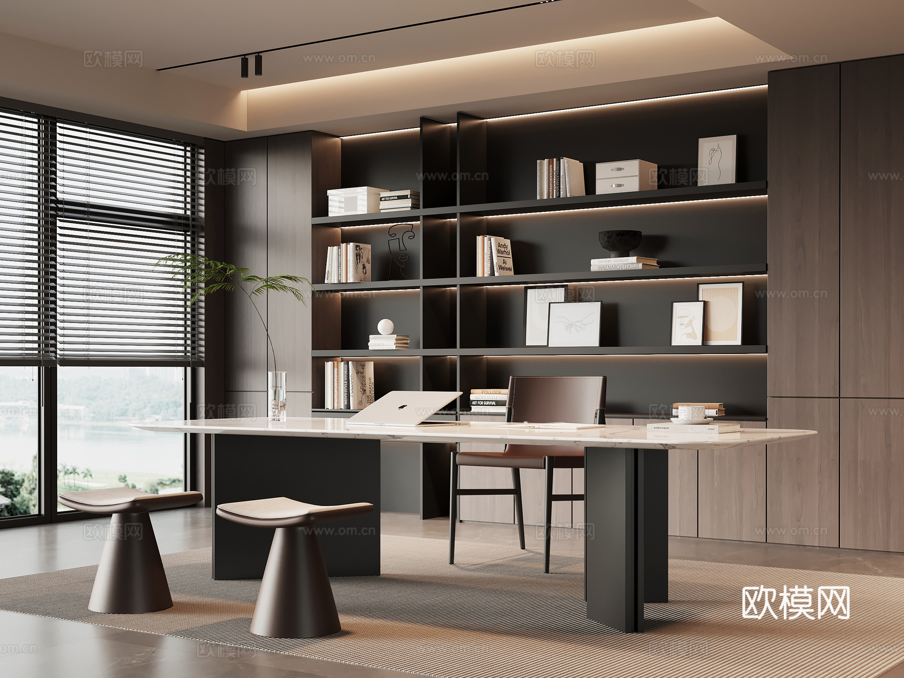 现代意式书房 书桌椅 书柜su模型