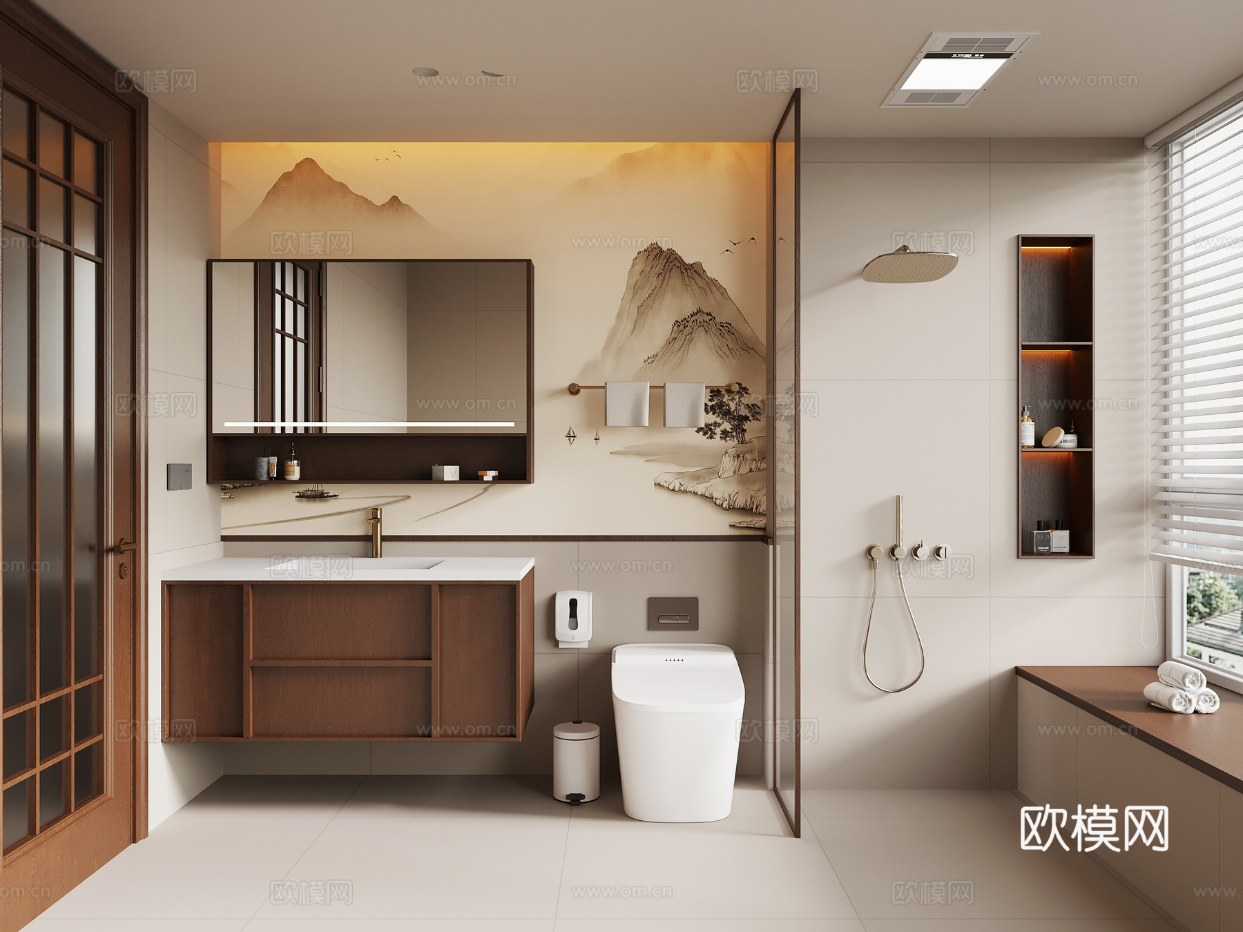 新中式卫生间 浴室柜 花洒淋浴su模型