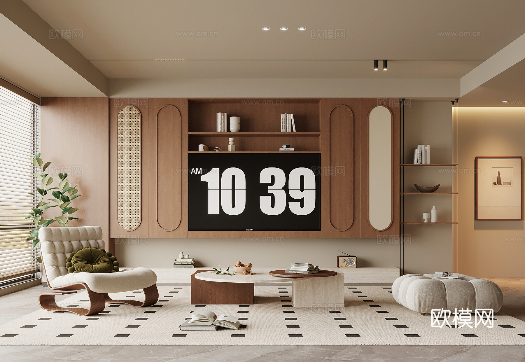 侘寂中古风客厅 电视柜 休闲椅 茶几su模型