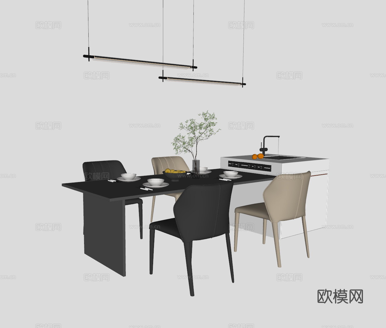 现代岛台餐桌su模型