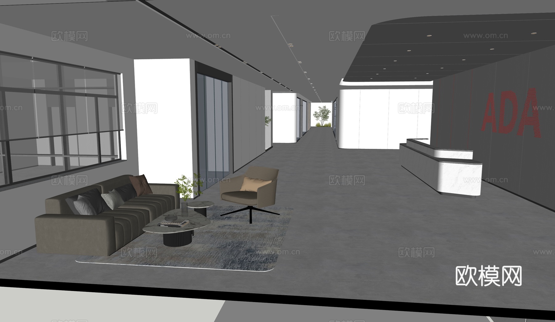 现代写字楼前台  大堂  接待区  枯山水su模型