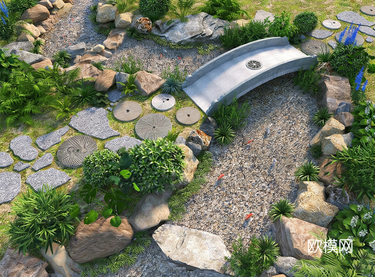 现代新中式跌水 现代溪流自然跌水 自然生态鱼池 自然流水su模型