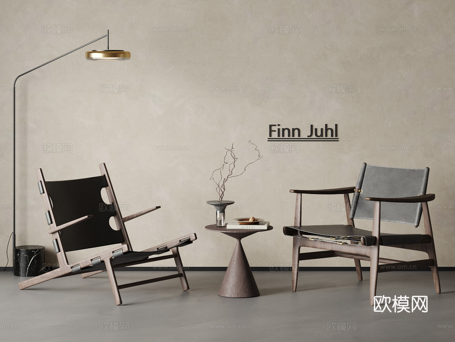 侘寂中古风狩猎椅组合 沙发椅 边几 休闲桌椅 实木皮革休闲椅su模型