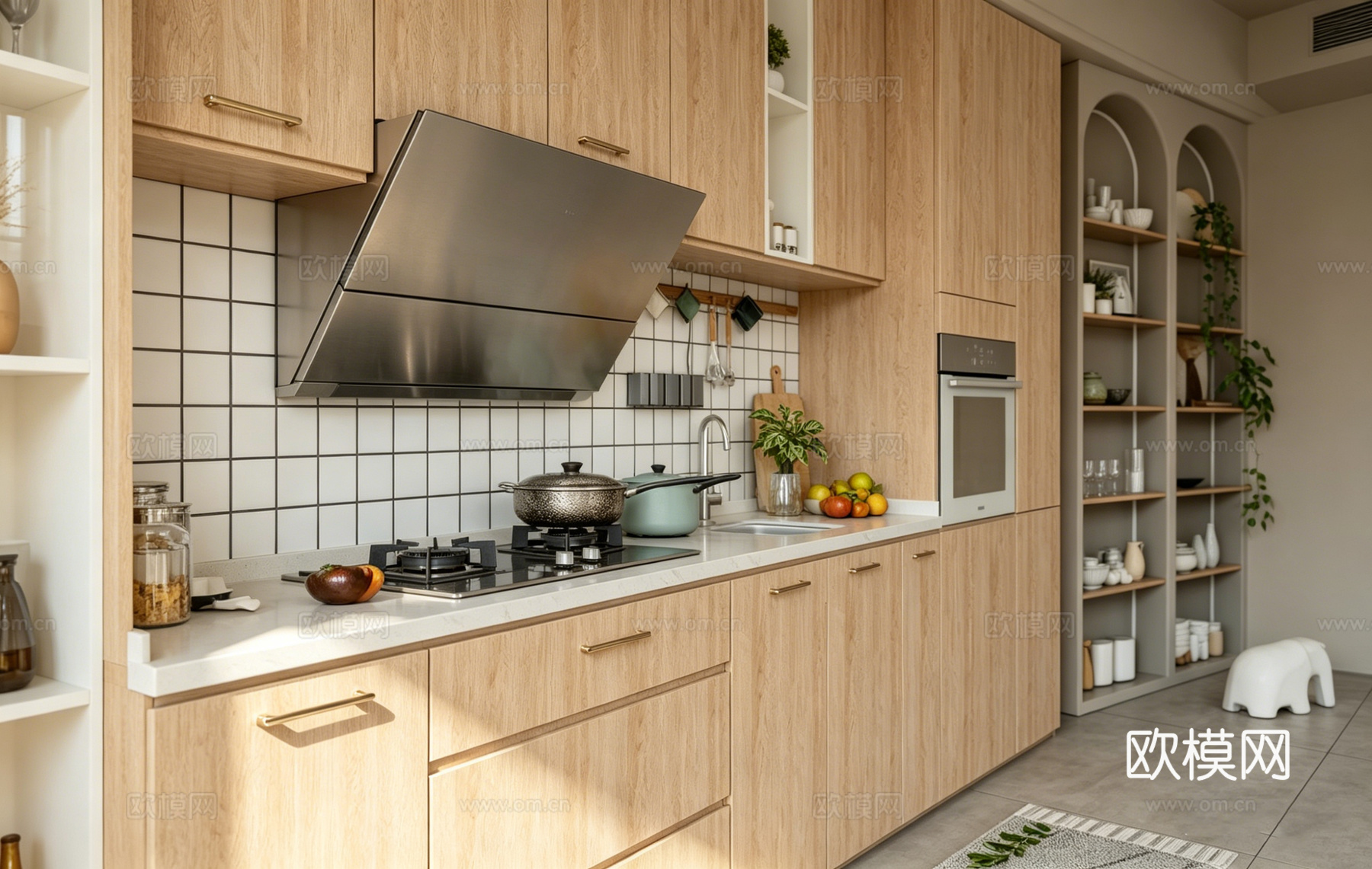 现代简约浅木色温馨厨房 橱柜拱形架 方格砖厨具软装 厨房设计su模型