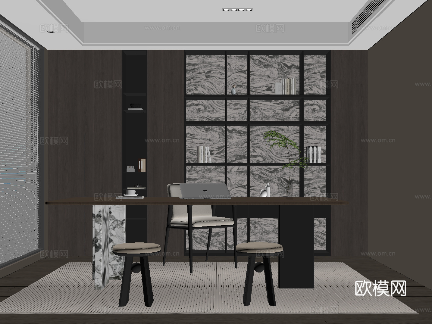 现代意式书房 书桌椅 书柜su模型
