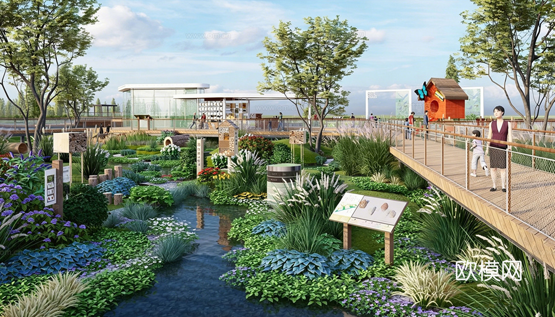 现代极简滨水景观 木平台 亲水平台 滨水景观su模型