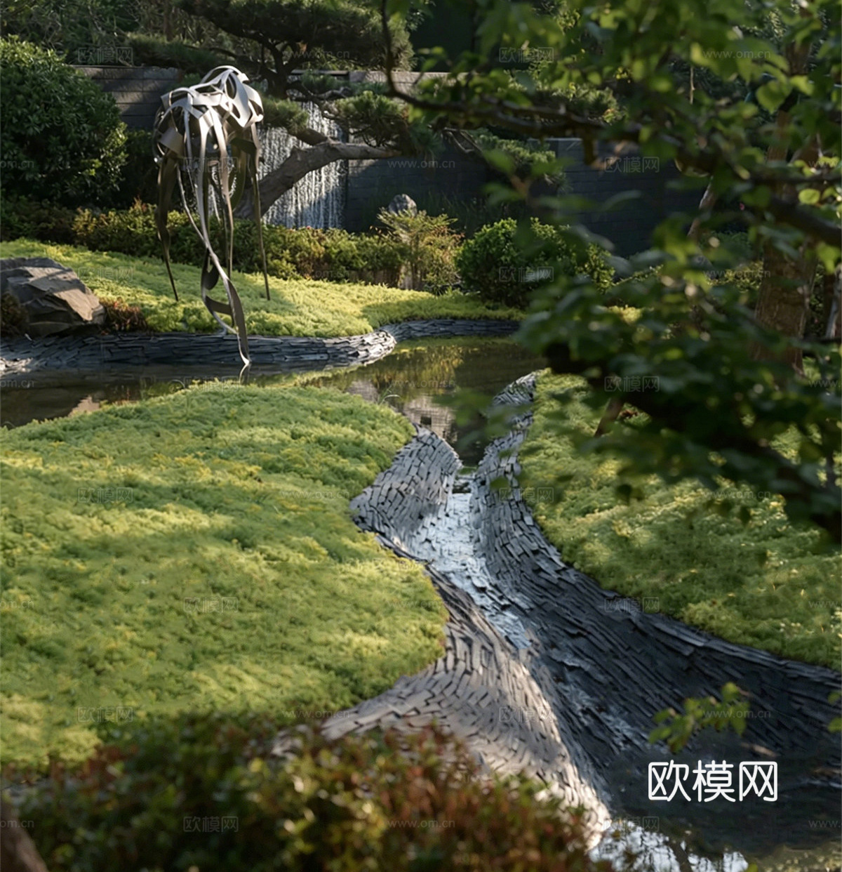 中式微地形 庭院微地形水景su模型