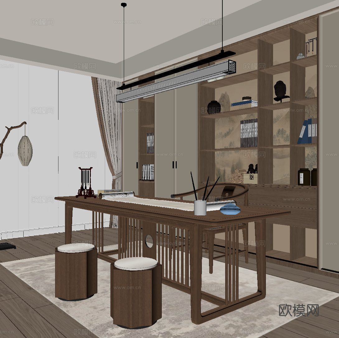新中式书房su模型