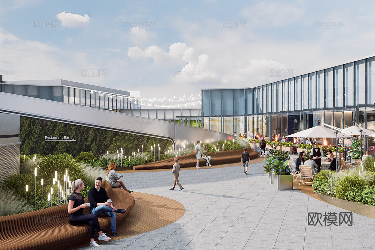 现代屋顶花园 现代异形座凳 屋顶花园空间 办公景观su模型